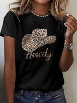 Howdy Leopard Print Cowboy Hat Print T-shirt, Short Sleeve Crew Neck Casual Top for Summer & Spring, Women's Clothing S įvairiaspalvis