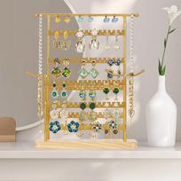 Adjustable Two-Tier Detachable Jewelry Organizer Stand with Multiple Slots and Hooks on Wooden Base for Necklace Bracelet Earrings Display One Size geltona