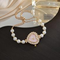 Fashion Heart-shaped Bracelet Watch Diamond-Studded Case Adjustable Chain Women Wristwatch Pearl Gift Ladies Watch Girls rožinė