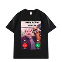 John Pork and Tung Tung Tung Is Calling Funny Meme T-shirt Fashion Cartoon Style T-shirts Unisex Casual Loose Cotton T Shirts S įvairiaspalvis