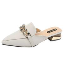 Ladies Muller Slippers Pointed ToeMetal Chain Chic Office Ladies Shoes High Heels Low Heel Slippers Ladies's Shoes Summer 35 smėlis