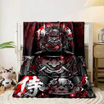 Samurai mask with horns, red background, and bold Japanese characters. for all seasons blanket lunch break throw gift 80cm x 120cm