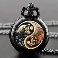 1pc Tai Chi Yin Yang Bagua pocket watch hanging watch black fashionable gift flip classic Roman quartz watch