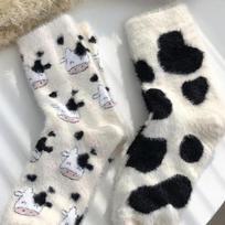 2 Pairs Cow Patterned Women Plush Socks Fashionable Versatile Lining Thick Cute Home Insulation Soft Comfortable Midsole Socks One Size
