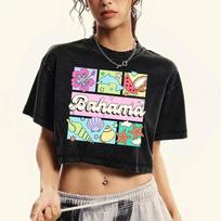 Bahama Bahama Ocean World Print Washed Slim T-Shirt Women Casual Crewneck T Shirt Street Short Sleeve Cotton Crop Top M