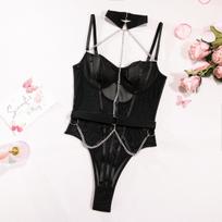 European and American Women’s Sexy Bodysuit, Erotic One-Piece Slim-Fit Push-Up Lingerie with Metal Halter S rožinė raudona spalva