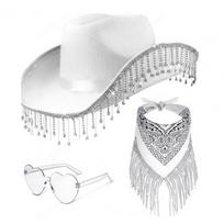3pcs/Set Bandana Stage Performance Hat Rhinestone Tassel Wide Brim Western Cowboy Hat Heart Sunglasses 3pcs/Set Bling Cowboy Hat balta