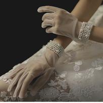 Sexy Hand-made White Women Bridal Girl Bow Pearl Finger Gloves Tulle Mittens Short Wedding Gloves B