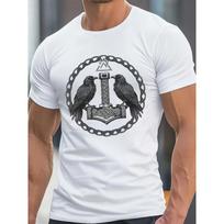 European sizes Men's Norse Viking Odin Rune & Mjolnir Hammer T-Shirt - Viking & Rune Circle Print, Casual Short Sleeve Summer Top with Norse Mythology S balta