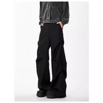 Men's Streetwear Style Solid Black Pleated Design Wide Leg Casual Trousers M juoda