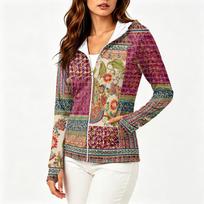 Women's Zip Up Hoodie Lightweight Long Sleeve Hooded Jacket with Pockets Floral Print Sun Protection Outerwear L