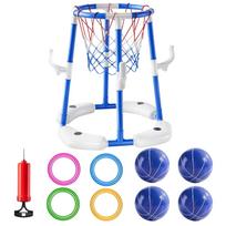 Water Basketball Hoop Set with 4 Floating Basketballs and 12 Colorful Rings Includes Hand Pump for Pool and Lake Outdoor Water Sports Toy