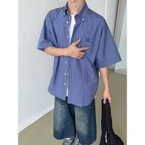 Men's Vintage Style Plaid Pattern Short Sleeve Button Up Casual Shirt M mėlyna