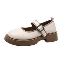 College Mary Jane Women's Shoes Spring and Fall Tide with Round Head Shallow Mouth Single Shoes Female One Word Buckle Small Leather Shoes Female 35