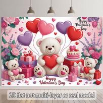 2D Happy Valentine's Day Backdrop, Teddy Bear with Heart & Cake Background 47.2x31.5inch/120*80cm