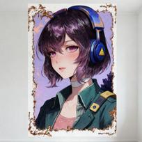 DORA Tin Sign Anime Sexy Girl Tin Sign Young Woman Short Wavy Purple Hair Military Jacket Headphones Vintage Metal Poster for Home Bar Cafe W 20x30cm（7.8x11.8inch）