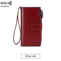 RFID anti-theft brush Women's retro long three fold foldable wallet with wrist strap multifunctional handheld credit card holder