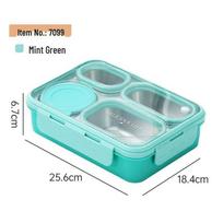 Leak-Proof Stainless Steel Square Lunch Box with Four Compartments: Portable, Multi-Functional, Ideal for Work or School, Customizable Logo žalia