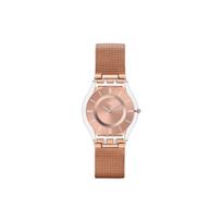 Swatch Classic serijos kvarcinis laikrodis, atsparus vandeniui iki 30M, 34mm, šampano spalvos ciferblatas, pagamintas iš biologiškai pagrįstos medžiagos korpusas, nerūdijančio plieno apyrankė SS08K104M Champagne Watch Dial