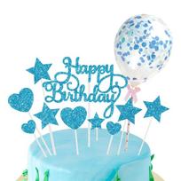Happy Birthday Cake Toppers DIY Confetti Balloon Cake Decor Star Heart Cupcake Flag for Birthday Party Dessert Decor Baking mėlyna