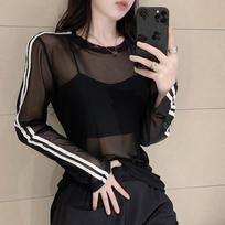 Women's Sexy Mesh Splicing Stripe Micro Transparent Sun Protection Blouse Office Pullover Sweatshirt S juoda
