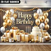 2D Birthday Backdrop Black Gold Cake Gift Party Supplies 47.2x31.5inch/120*80cm