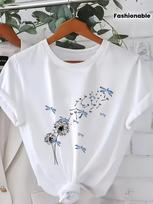 [Summer] Dandelion and Dragonfly Print Women's T-Shirt, Fashion Women's Clothing Seasonal S įvairiaspalvis