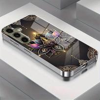 Mandala Lotus Pattern Tempered Glass Phone Case For iPhone 17 16 15 14 13 12 11 Pro Max 16 Plus 17 Air Electroplate Silver Cover iPhone 14 Plus