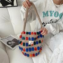 Color Plush Dots Women's Bento Handbags Retro Design Female Fluffy Bucket Bags Large Capacity Shoulder Bag Purse Casual Tote