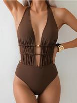 Solid Color Tie One Piece Sexy Backless Bikini Swimsuit Fashion Elegant Beach Vacation Swimwear S