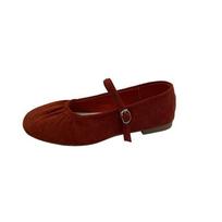 Round Head Mary Jane Single Shoes Female Summer and Fall Flat Shallow Mouth Pleated Soybean Grandmother Shoes 35 raudona