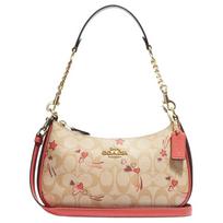 COACH Teri 23 Classic Letter Logo Plate Zipper Coated Canvas and Leather Half Moon Bag Underarm Bag Hand Shoulder Bag Medium Women's Khaki and Pink rožinė