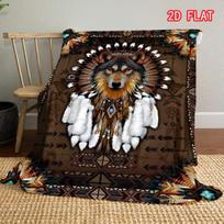 Native American Wolf Headdress Print Flannel Blanket, Tribal Animal Throw for Bed Sofa Couch, Soft Cozy Lightweight Cover 80cm x 120cm