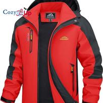 Hooded 5 Pockets Men Outdoor Windbreaker Water Resistant Windproof Rain Jacket for Hiking Fishing Running Camping L raudona