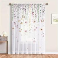 2 vnt. akvarelinės pastelinės gėlių vijoklio permatomos užuolaidos - Romantiškas botaninis lango uždangalas miegamajam 39Wx51L(100x130CM)&Rod Pocket white