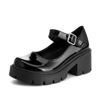 FOREADA Women Patent Leather Mary Janes Pumps Round Toe Thick High Heels Buckle Platform Ladies Fashion Shoes Sping Autumn 46 34 juoda