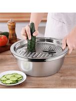 3-piece stainless steel kitchen set, including grater, filter and draining bowl. Multi-functional for slicing, washing fruits, vegetables and cheese. 3pc įvairiaspalvis