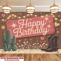 2D Flat Print Cowgirl Birthday Backdrop, Retro Wood & Cactus Happy Birthday Banner for Western Themed Party 47.2x31.5inch/120*80cm