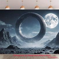 2D Alien Planet Backdrop, Futuristic Portal & Moon with Rocky Background 47.2x31.5inch/120*80cm