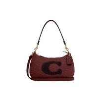 COACH Teri 24 C pattern iconic logo charm plush velvet zipper closure sheepskin and cow leather hand-held crossbody shoulder bag women's cherry red raudona