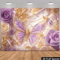 2D Glam Butterfly Party Backdrop, Purple Gold Floral & Diamond Background Decoration 47.2x31.5inch/120*80cm