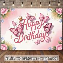 2D Flat Pink Butterfly Happy Birthday Backdrop for Women Party Photo Booth 47.2x31.5inch/120*80cm