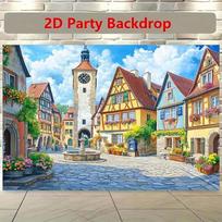 2D Whimsical Village Backdrop, Sunny Town Square for Themed Events and Live Streams 47.2x31.5inch/120*80cm