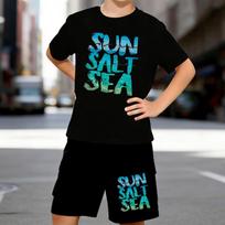 Boys 2 Piece SUN SALT SEA Printed Outfit, Short Sleeve T-Shirt and Shorts Set for Kids Age 5-14,Black ,white Sporty Casual Summer Clothes 5-6 Years juoda