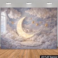 2D Whimsical Starry Moon Backdrop Newborn Party Photography Background 47.2x31.5inch/120*80cm