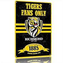 Mfoever Richmond Tigers Football Club  Vintage Metal Tin Sign  Retro Wall Art with Distressed Typography  Tiger Emblem Black 20x30cm（7.8x11.8inch）