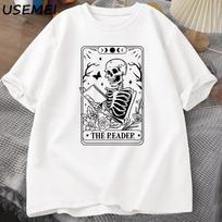 The Reader Tarot Card T-Shirt Skeleton Reading T Shirt Summer Cotton Book Lover Bookish Tops Men Oversized Tees XXL balta