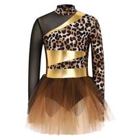 Girls Caveman Tutu Dress Metallic Gloss Patchwork Long Sleeve Mesh Print Built In Briefs Dance Costume 5-6 Years ruda