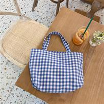 Portable Cott Women Lunch Bento Bag Vintage Plaid Canvas Ladies Small Handbags Simple Female Cloth Mini Tote Bag Clutch Purse 32x8x22cm mėlyna