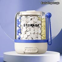 Push-Type Rotating Pill Organizer - Transparent Multi-Layer Medicine Storage Container, Portable Daily Pill Dispenser mėlyna